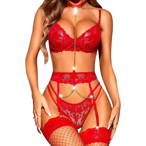 Women's Lingerie Set with Garter Belt 3 Piece Choker Lingerie Outfits Sexy Bra - Picture 1 of 5